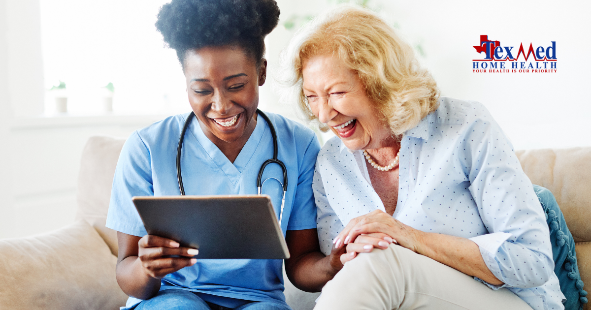 Home health care careers can be enjoyable as demonstrated by this nurse who is laughing and enjoying her time with her senior patient.