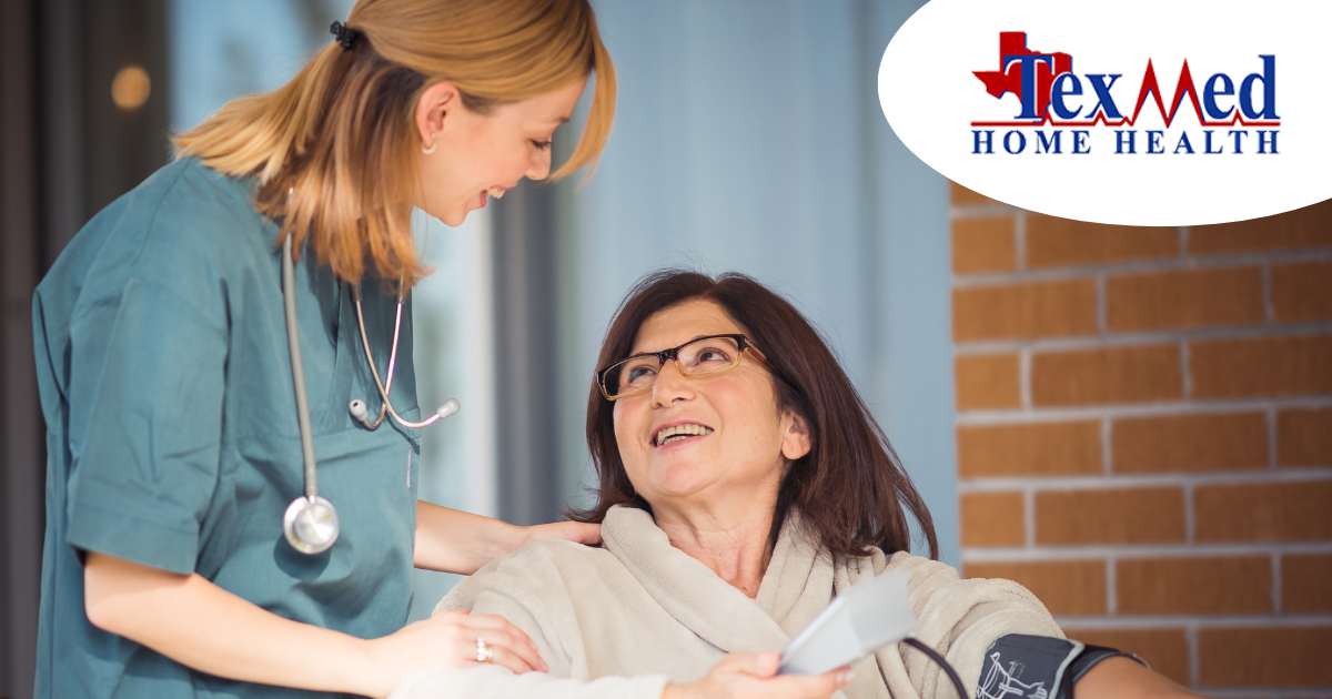 A professional provides home health care services to a woman.