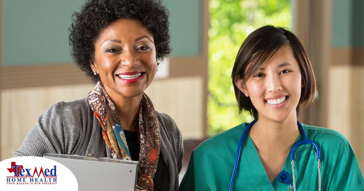 Two different healthcare professionals smile, representing the joy that can come from working with others in the home health environment.