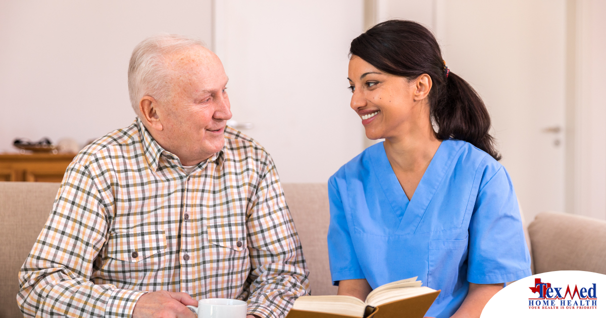 A professional caregiver enjoys her flexible career as she cares for and reads to an older client.