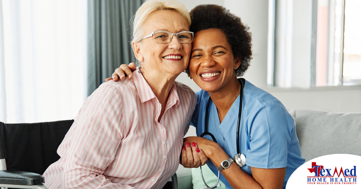 A nurse hugs a senior client at home showing how being in home health as a licensed practical nurse can be rewarding.