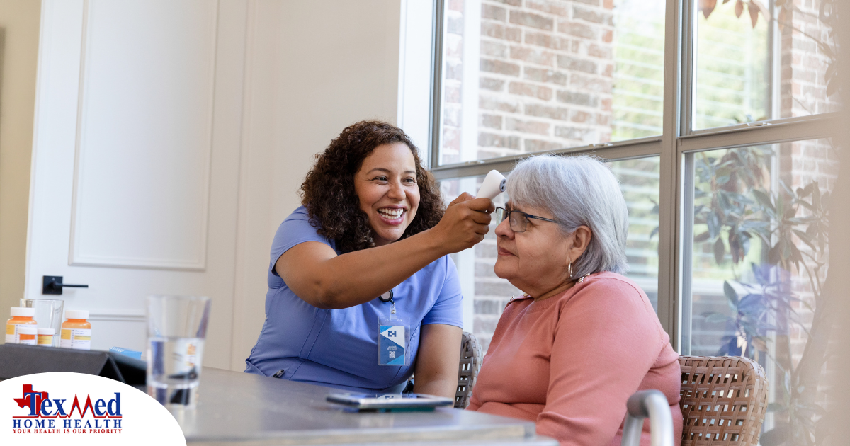 A woman working in home health care gladly takes vitals for a senior patient.