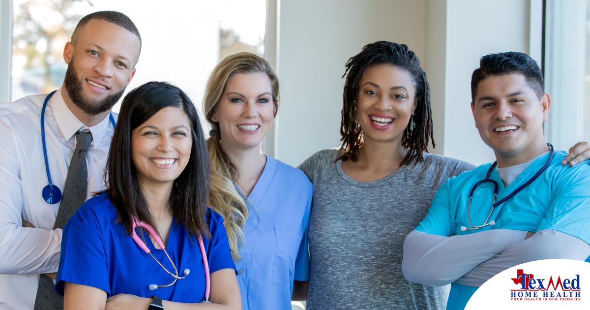 A team of healthcare professionals smiles, representing the many career paths that professional caregiving can lead to.