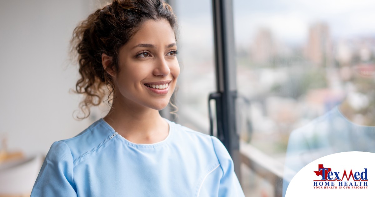 A caregiver smiles and looks hopeful, showing the kind of attitude that can help new professional caregivers.