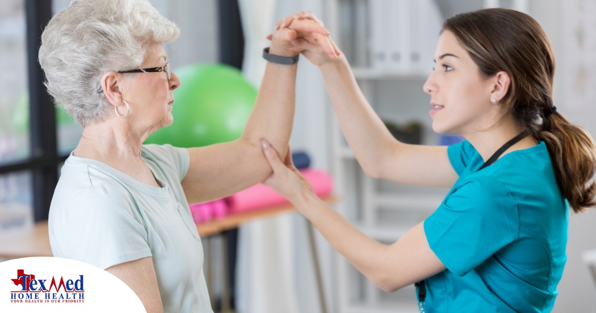 A physical therapist helps a senior patient, representing what National Physical Therapy Month aims to highlight.