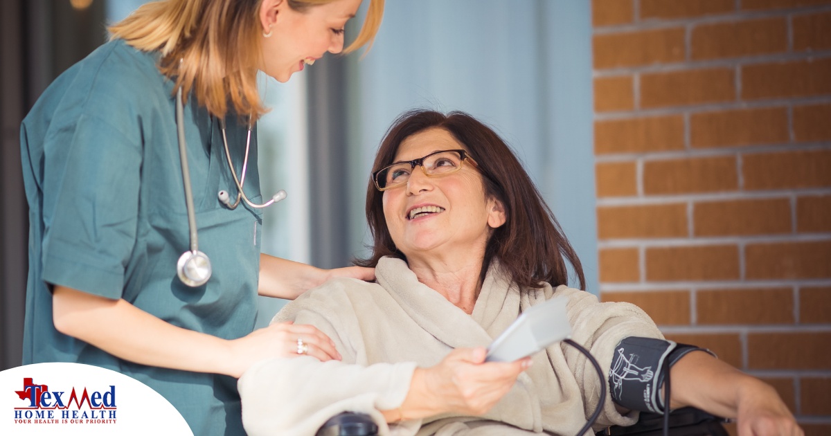 A happy home nurse helps a smiling patient in a wheelchair, representing how home health can help with pain management.