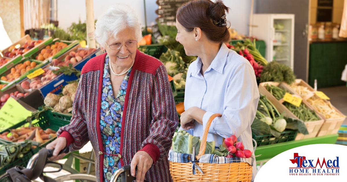 A caregiver shops for groceries with an older adult, representing shopping for a diabetes-friendly diet.