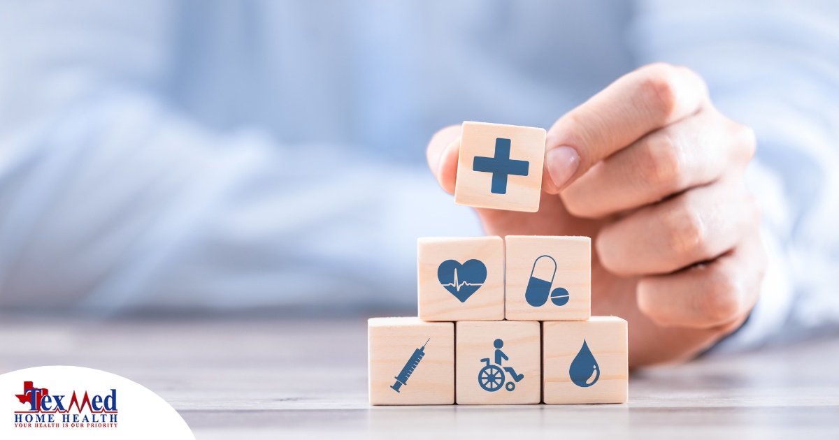 A stack of block with different health related icons represents health insurance which can help with home health care.