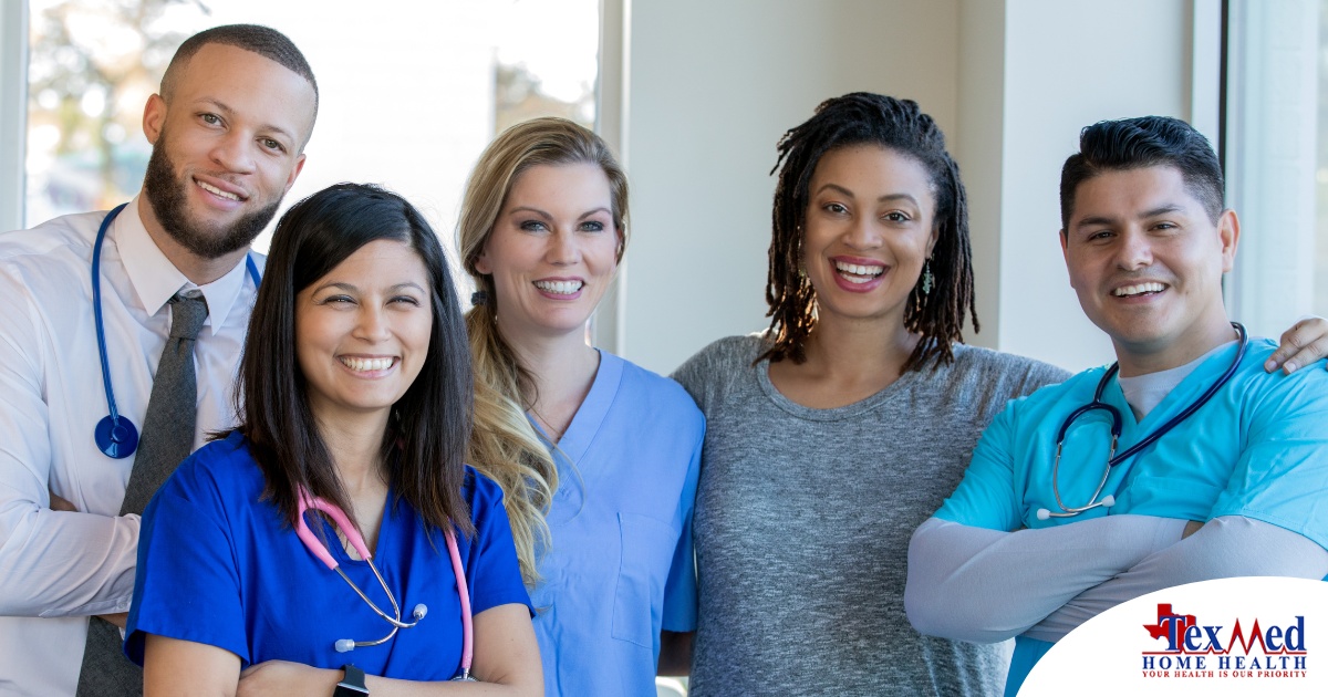 A variety of happy healthcare workers represent the results of good collaboration between home health professionals.