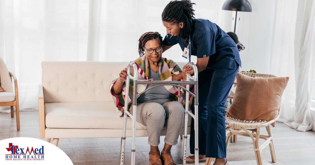 A care professional helps an older woman get up with the use of a walker, representing how occupational therapy can help with recovery.