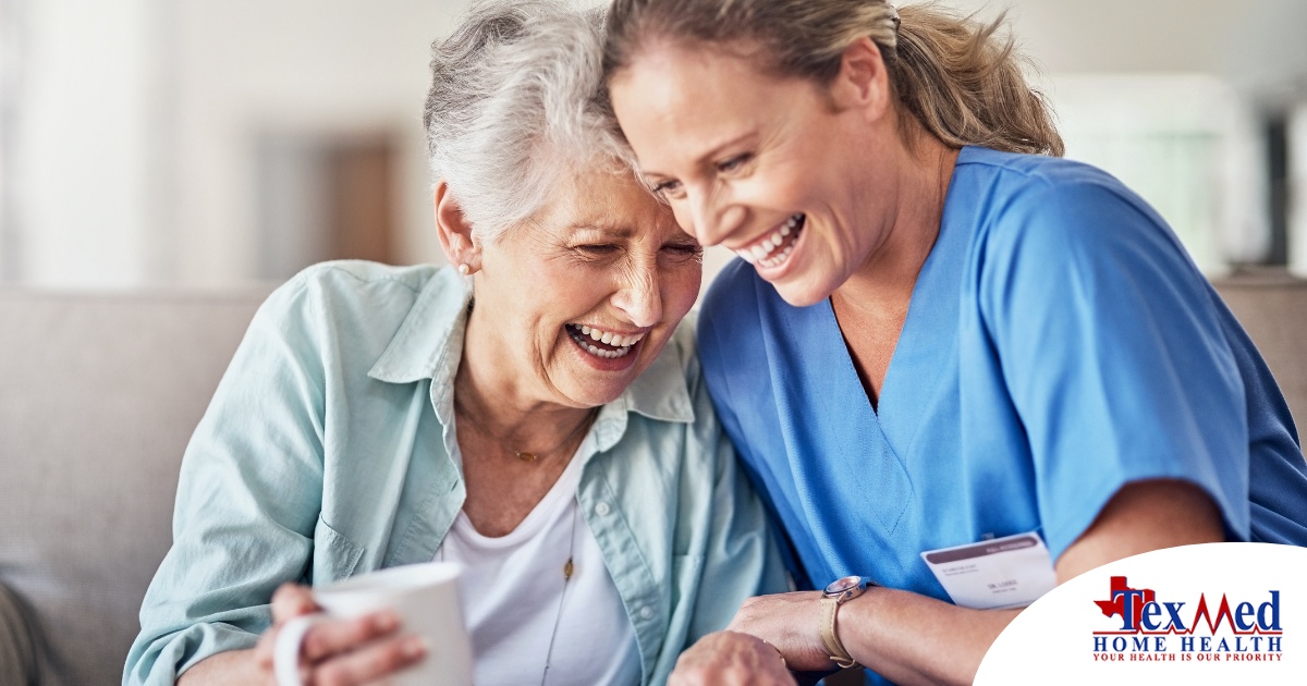 A caregiver laughs with a client representing how good social skills can help professional caregivers.
