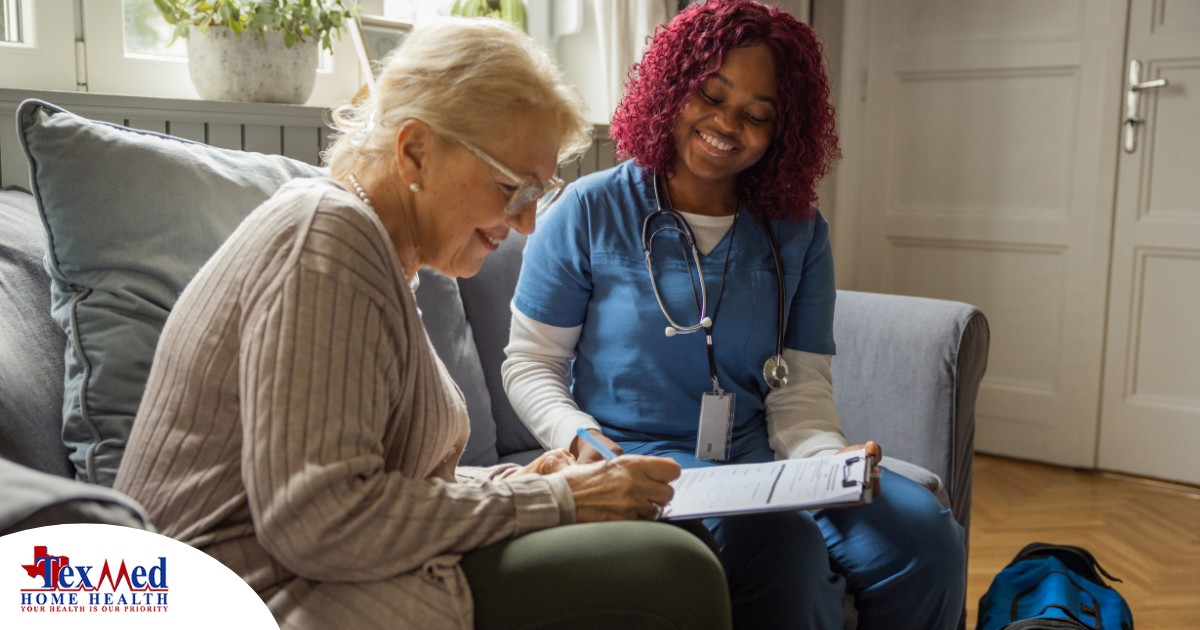 A healthcare professional helps an older patient fill out a form, representing what happens when the requirements for home health care eligibility are met.