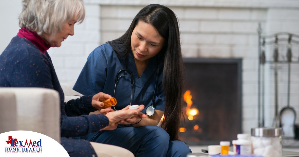 A nurse helps a patient at home with her medications, representing how home health nurses can help with disease management.