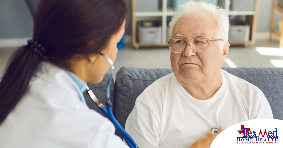A doctor examines an older man with a stethoscope, representing pneumonia in elderly adults.